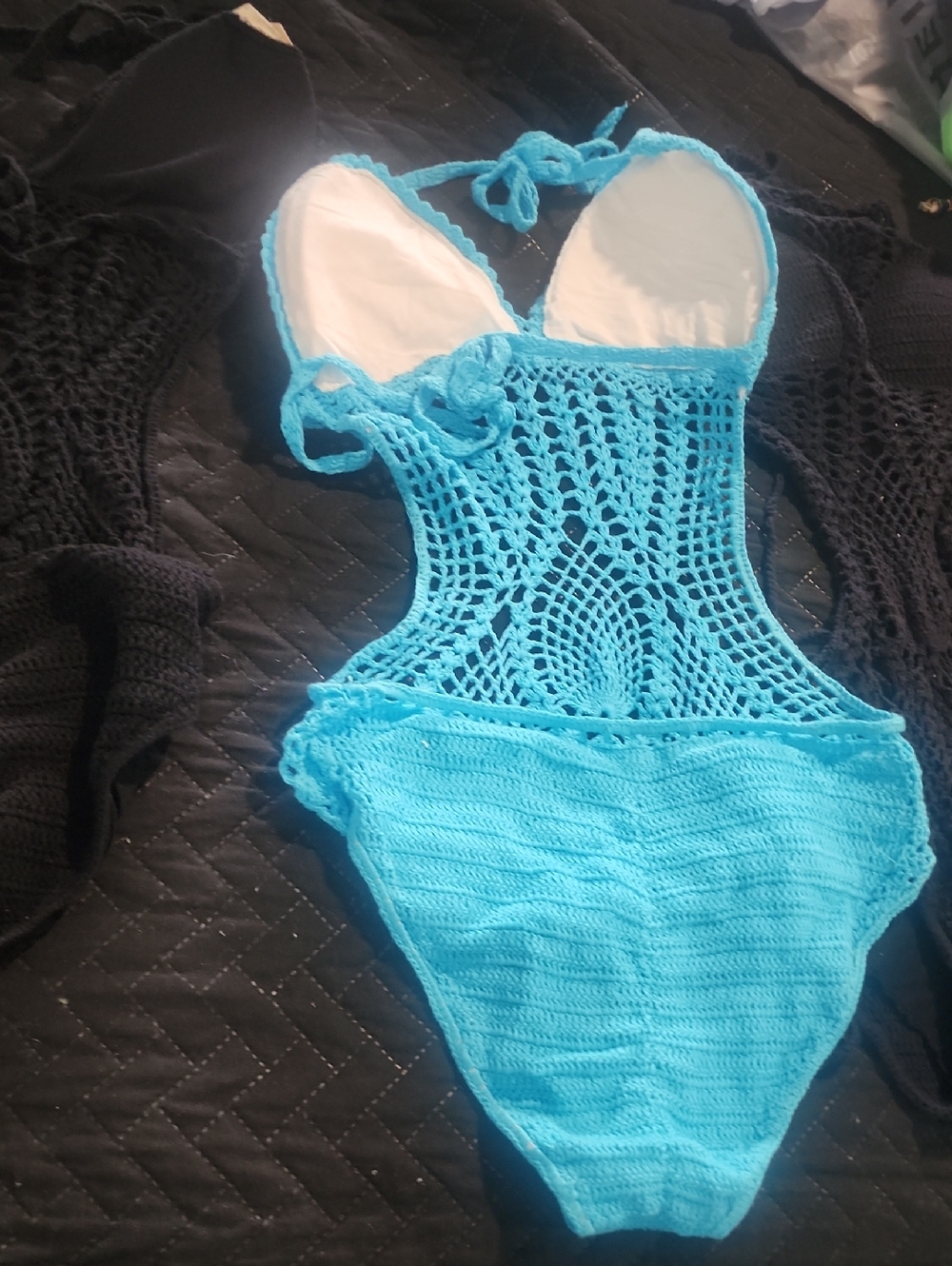 4 Pc Crochet One-Piece Swimsuit in Black and Blue - Stylish Cover-Up - Picture 9 of 10